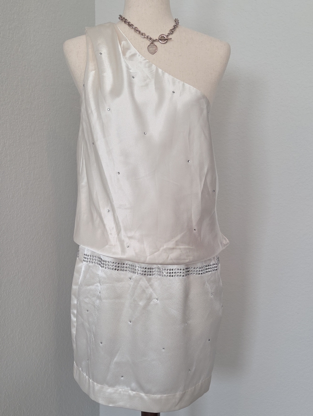 Allen B. By Allen Schwartz One-Shoulder Ivory Satin Dress Bling Sparkle Y2k